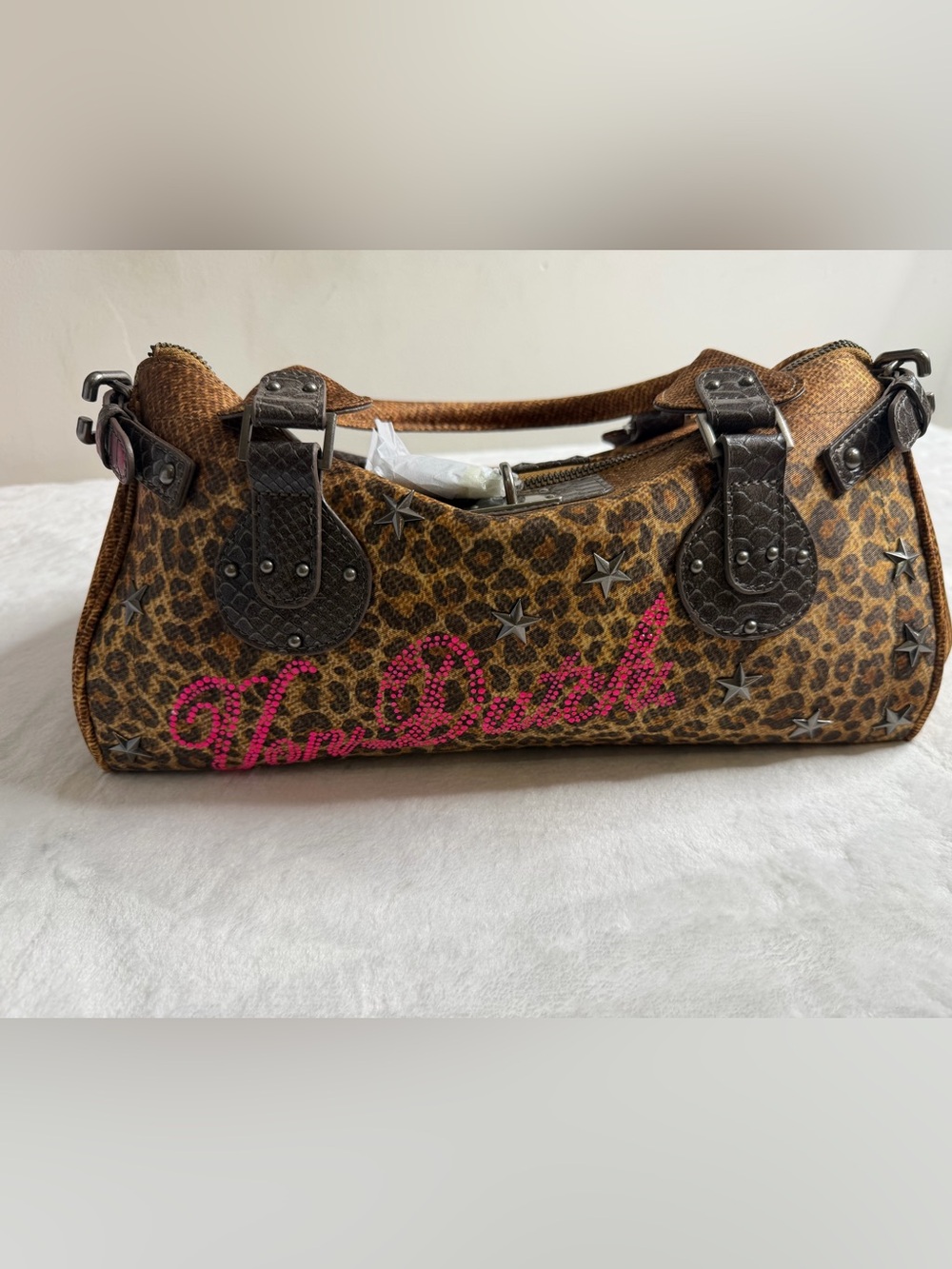 NWT - Von Dutch Leopard Print Satchel bag w/ Pink rhinestone logo Y2K